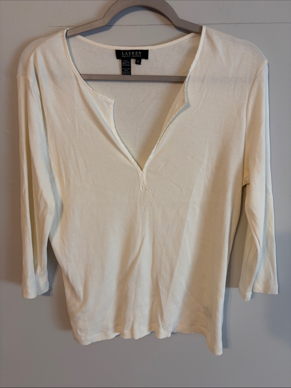 Lauren Ralph Lauren Off-White Ribbed V-Slit Long Sleeve Top.XL.100%cotton